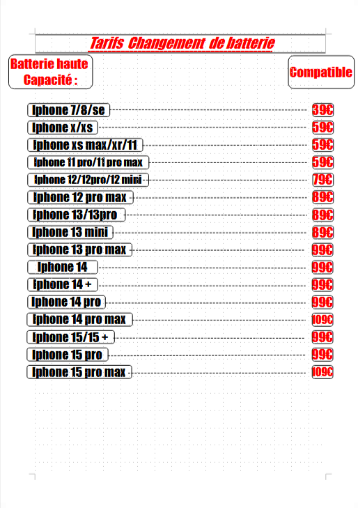 Tableau de tarifs de réparation